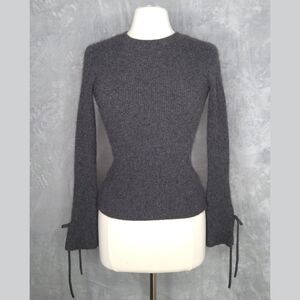 WHITE + WARREN Gray Cashmere Blend Sweater Sz XS Ribbed Lace Up Sleeve Crew Neck